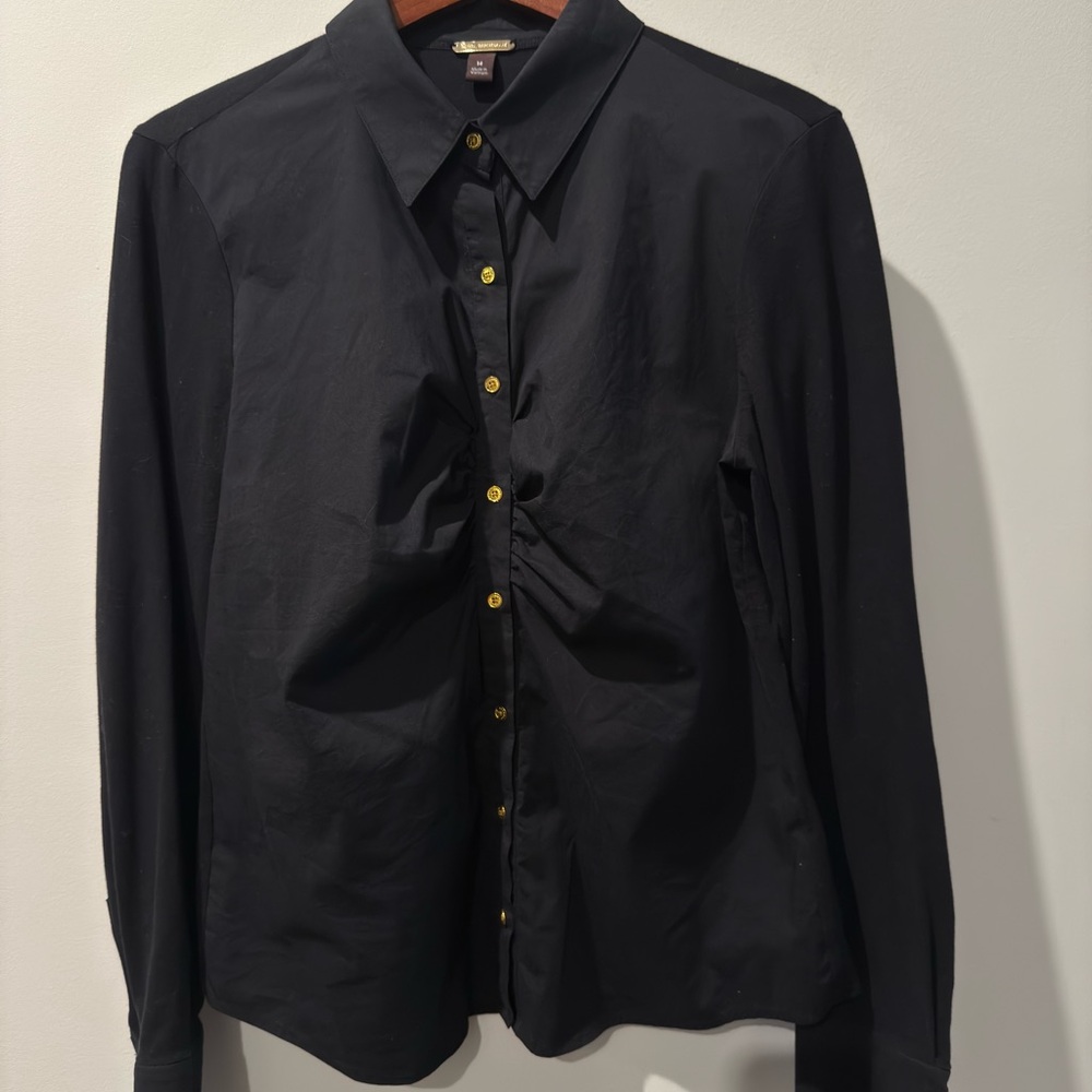 Dana Buchman Black Blouse cotton Mox with Gold Buttons Size M